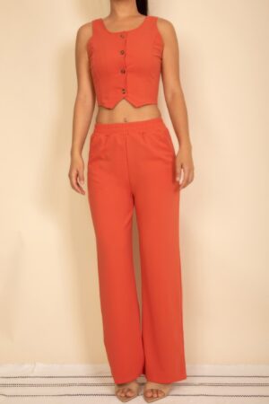 Scoop-Neck Button Vest & Wide-Leg Pants Set