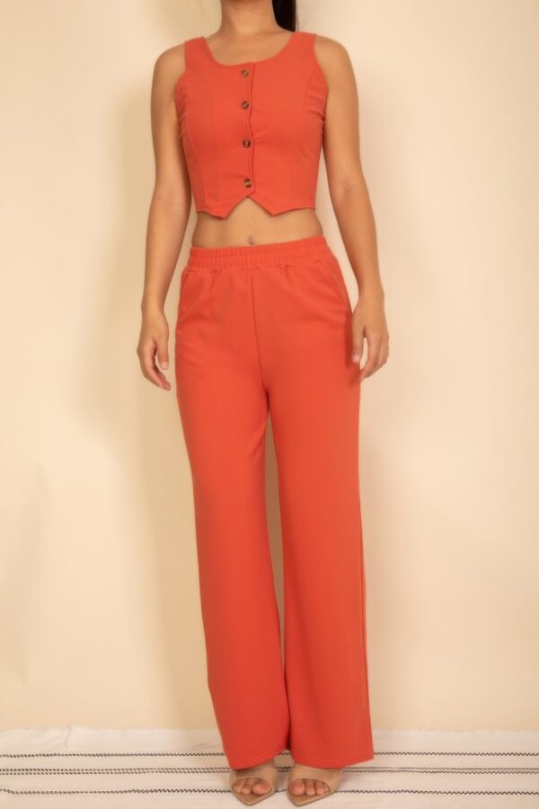 Scoop-Neck Button Vest & Wide-Leg Pants Set