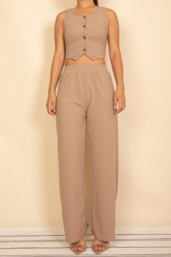 Scoop-Neck Button Vest & Wide-Leg Pants Set