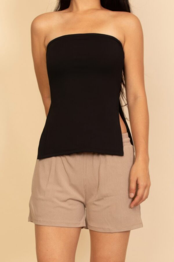Strapless Ribbed Flare Top with Side Slits