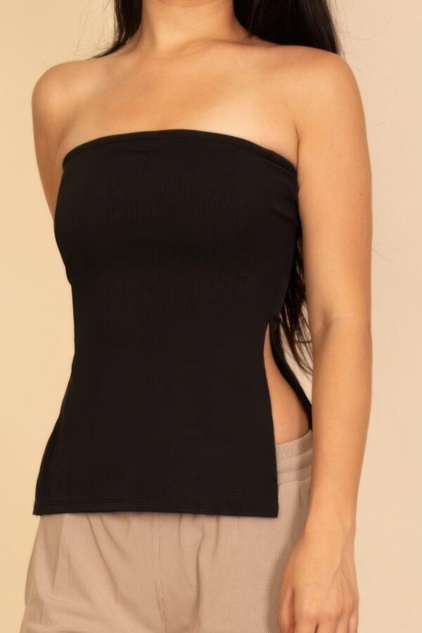 Strapless Ribbed Flare Top with Side Slits