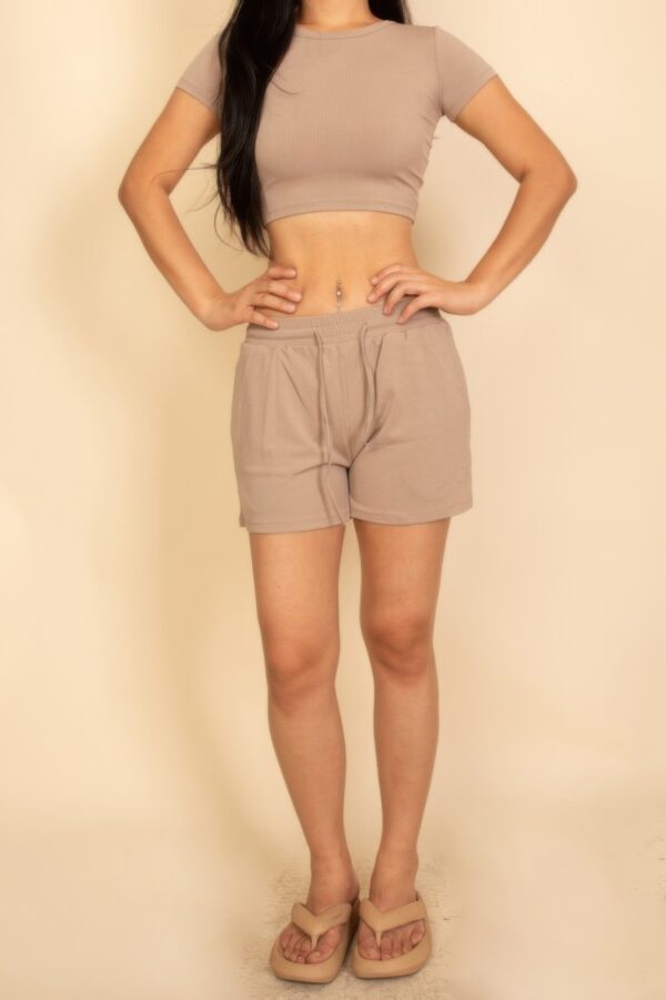 Ribbed Knit Lounge Set – Cropped Tee and Drawstring Shorts