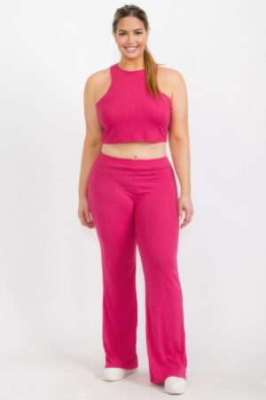 Plus Ribbed Cropped Top & Bootcut Pants Set
