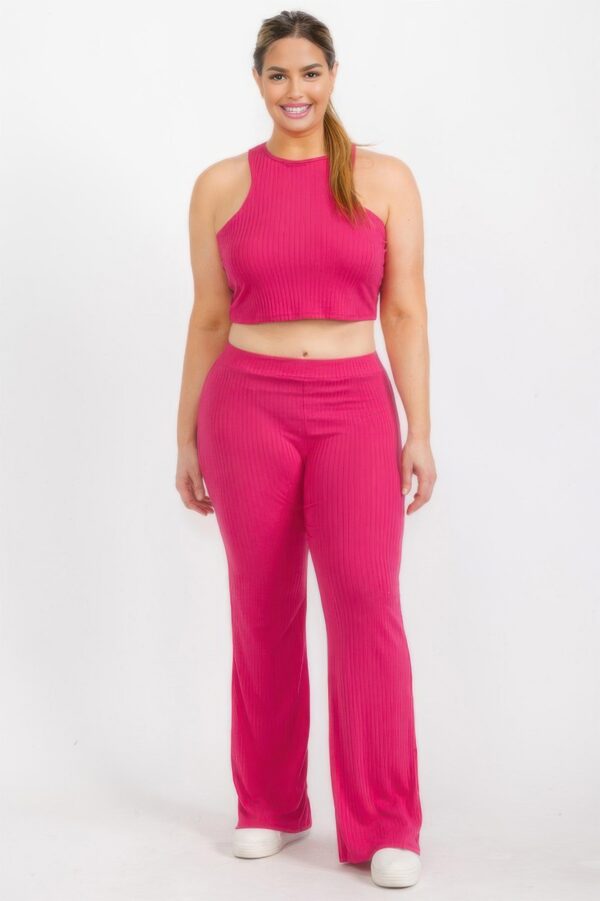 Plus Ribbed Cropped Top & Bootcut Pants Set