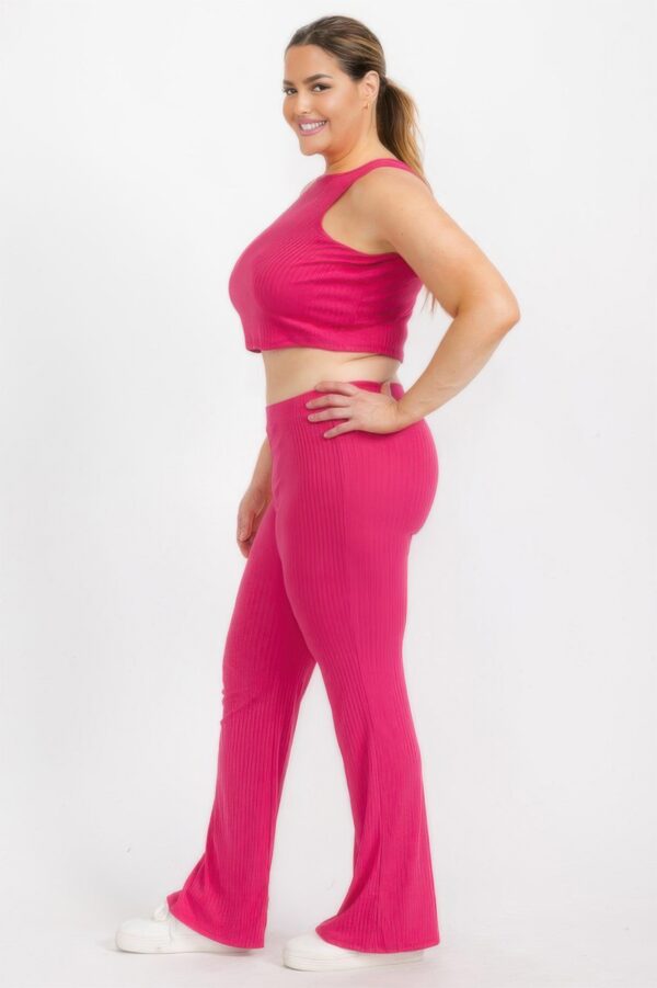 Plus Ribbed Cropped Top & Bootcut Pants Set
