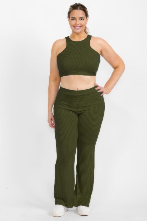 Plus Ribbed Cropped Top & Bootcut Pants Set