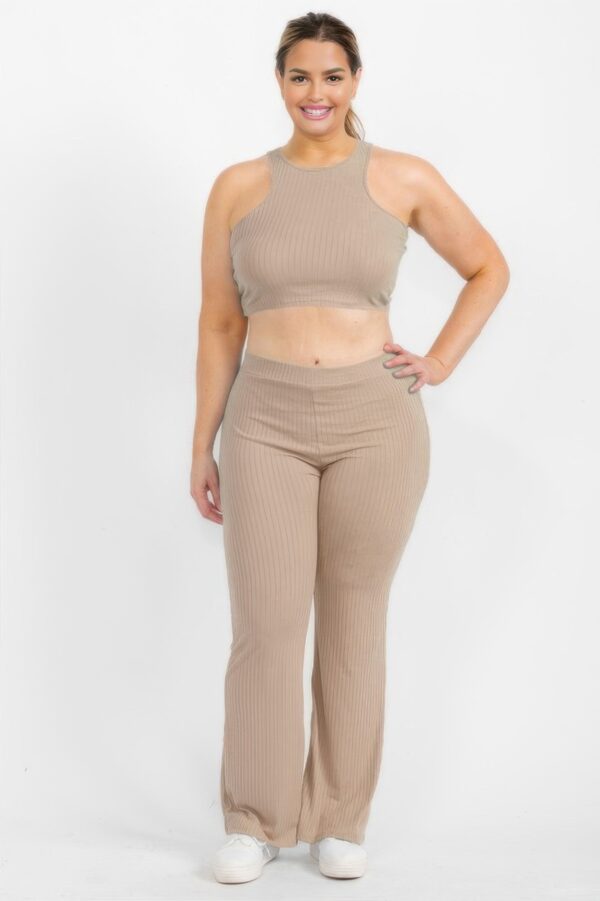 Plus Ribbed Cropped Top & Bootcut Pants Set