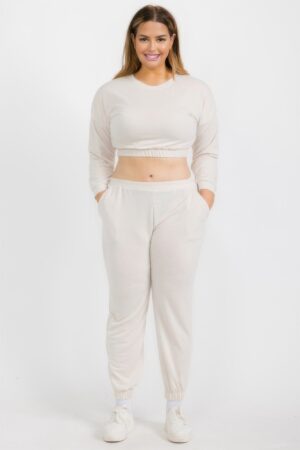 Plus Size French Terry Cropped Pullover & Joggers Set