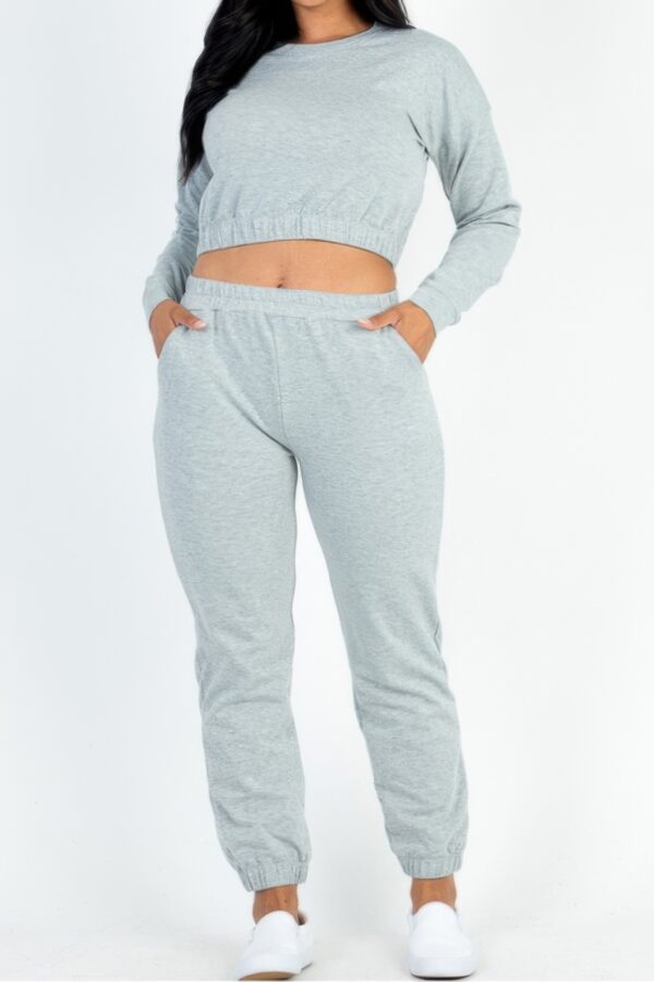 Plus Size French Terry Cropped Pullover & Joggers Set