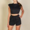 Cap Sleeve Crop Top & High-Waist Shorts Set – Elastic Hem