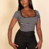 Ribbed Striped Square-Neck Short Sleeve T-Shirt