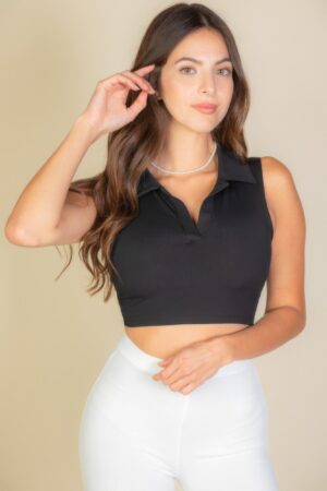 Ribbed Polo-Neck Cropped Tank Top for Layering