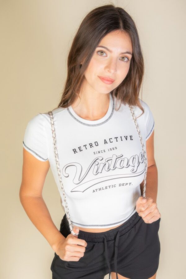 Vintage Crop Graphic T-Shirt with Contrast Stitching