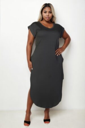 Plus Size V-Neck Batwing Long Dress with Hidden Pockets