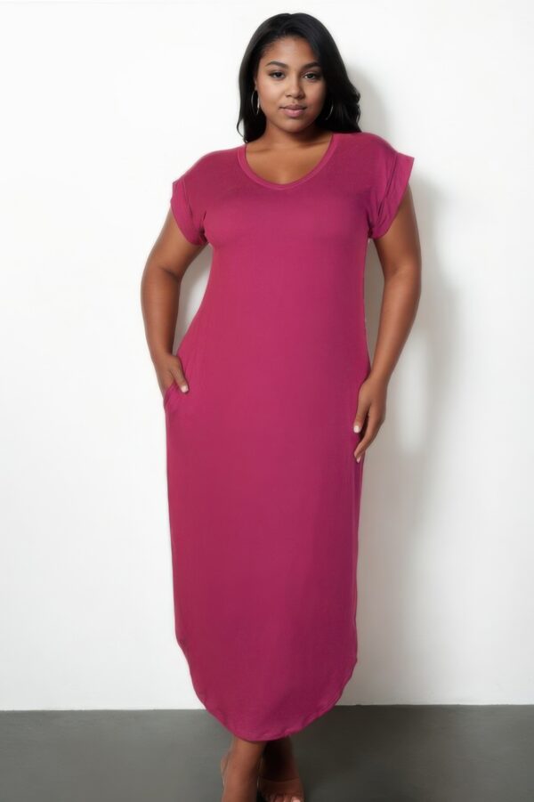 Plus Size V-Neck Batwing Long Dress with Hidden Pockets