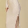 Fuzzy Sweater-Knit Turtleneck Midi Dress – Side Slit