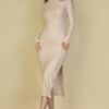 Fuzzy Sweater-Knit Turtleneck Midi Dress – Side Slit