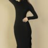 Fuzzy Sweater-Knit Turtleneck Midi Dress – Side Slit