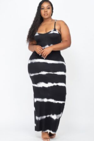 Plus Size Tie-Dye Stripe Maxi Dress with Spaghetti Straps