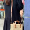 Faux Straw Top-Handle Small Tote – Brown Handles