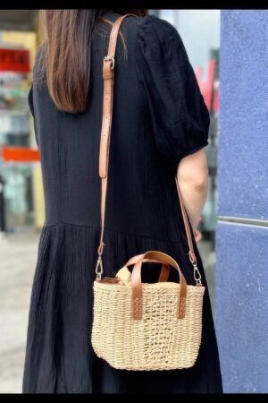 Faux Straw Top-Handle Small Tote – Brown Handles