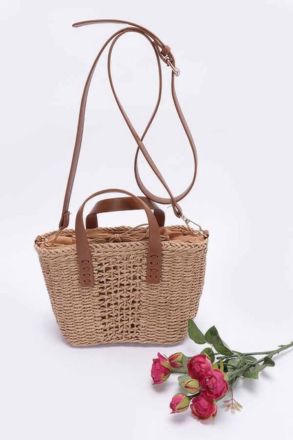 Faux Straw Top-Handle Small Tote – Brown Handles