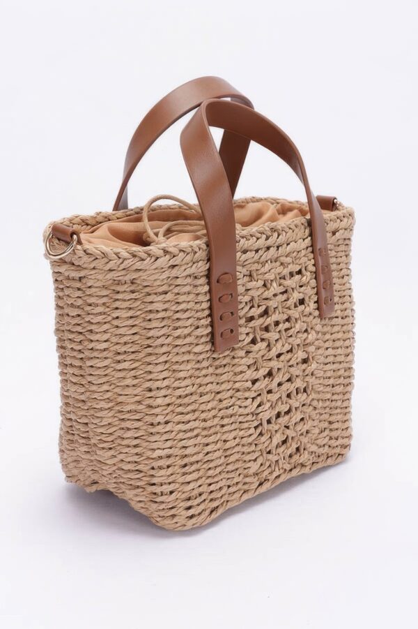 Faux Straw Top-Handle Small Tote – Brown Handles