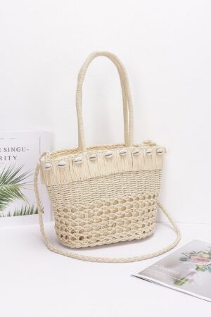 Faux Straw Basket-Weave Shell Tote with Handles