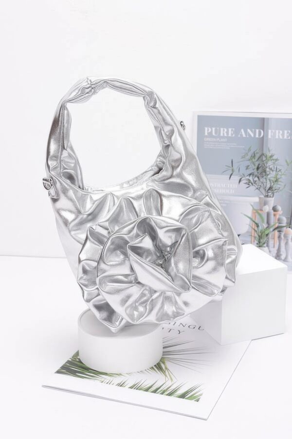Metallic Sculptural Flower Handle Handbag