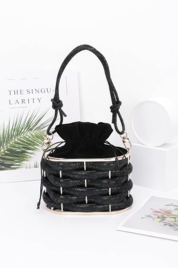 Rhinestone Braided Metal Bucket Bag – Gold Handle