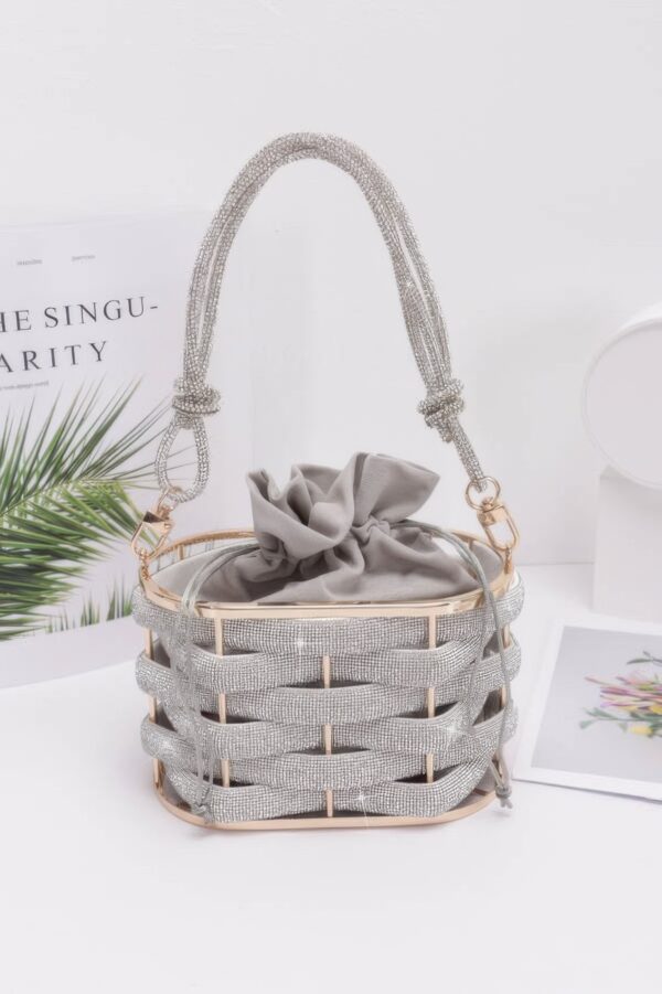 Rhinestone Braided Metal Bucket Bag – Gold Handle
