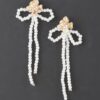 Bejeweled Flower Pearl Ribbon Drop Earrings