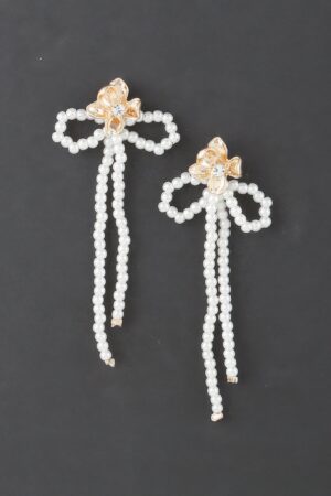 Bejeweled Flower Pearl Ribbon Drop Earrings