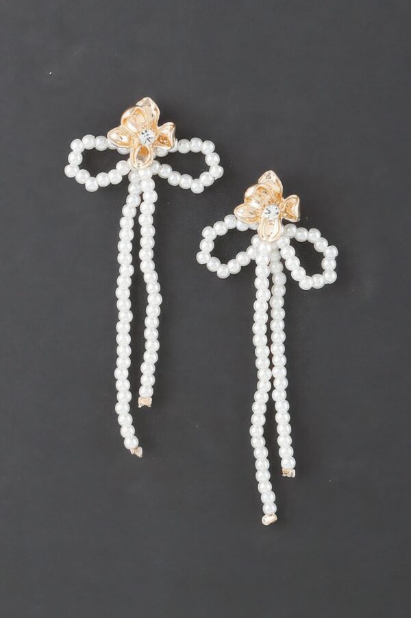 Bejeweled Flower Pearl Ribbon Drop Earrings