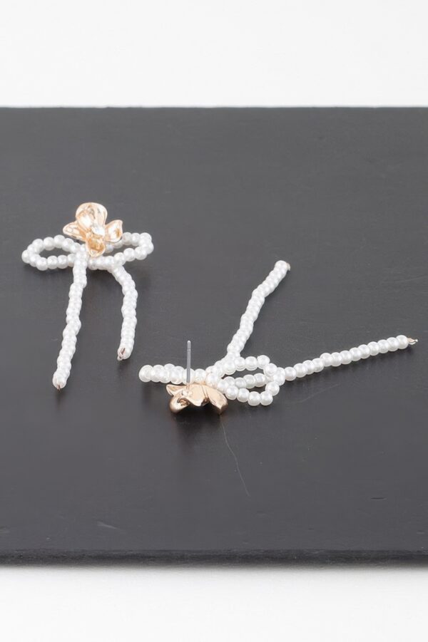 Bejeweled Flower Pearl Ribbon Drop Earrings