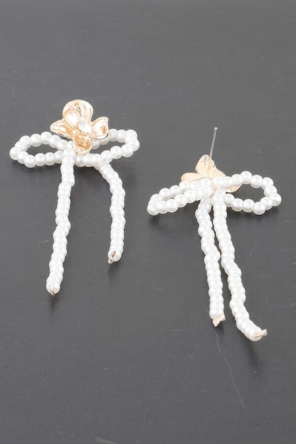 Bejeweled Flower Pearl Ribbon Drop Earrings