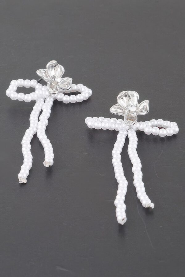 Bejeweled Flower Pearl Ribbon Drop Earrings
