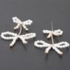 Double Pearl Ribbon Curb-Chain Stud Earrings