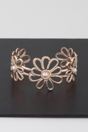 Pearled Flower Cuff Bracelet with Clustered Faux Pearls