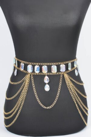 Layered Metal Chain Belt with Acrylic Stone