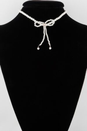 Pearled Ribbon-Tie Necklace – Faux Pearl, 12″