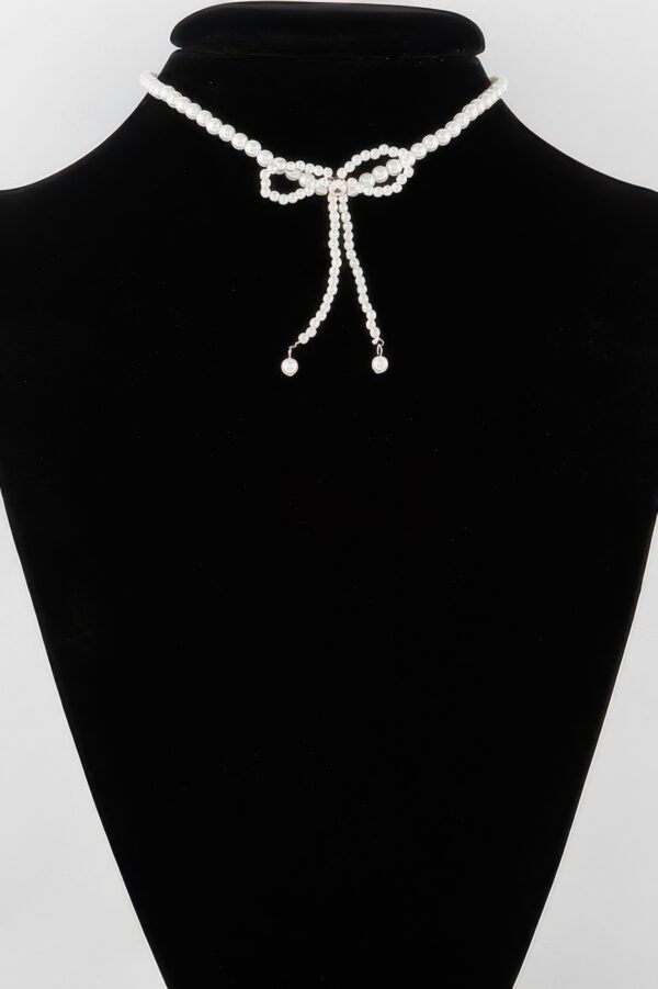 Pearled Ribbon-Tie Necklace – Faux Pearl, 12″