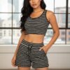 Striped Ribbed Cropped Tank and Shorts Lounge Set