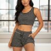 Striped Ribbed Cropped Tank and Shorts Lounge Set
