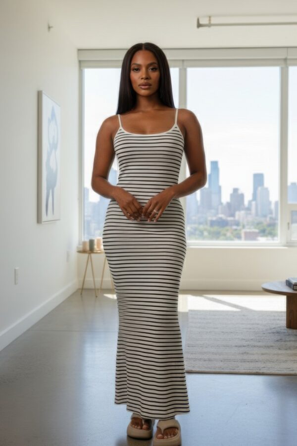 Rib Knit Striped Bodycon Maxi Slip Dress – Spaghetti Straps