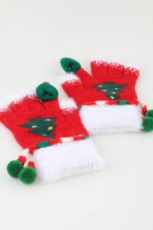 Christmas Tree Knit Gloves with Pom-Poms