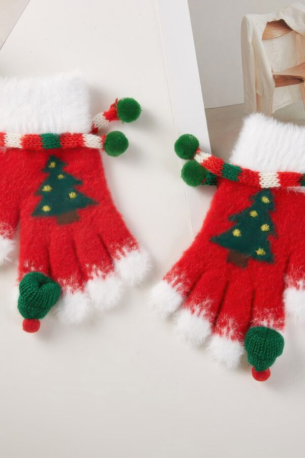 Christmas Tree Knit Gloves with Pom-Poms