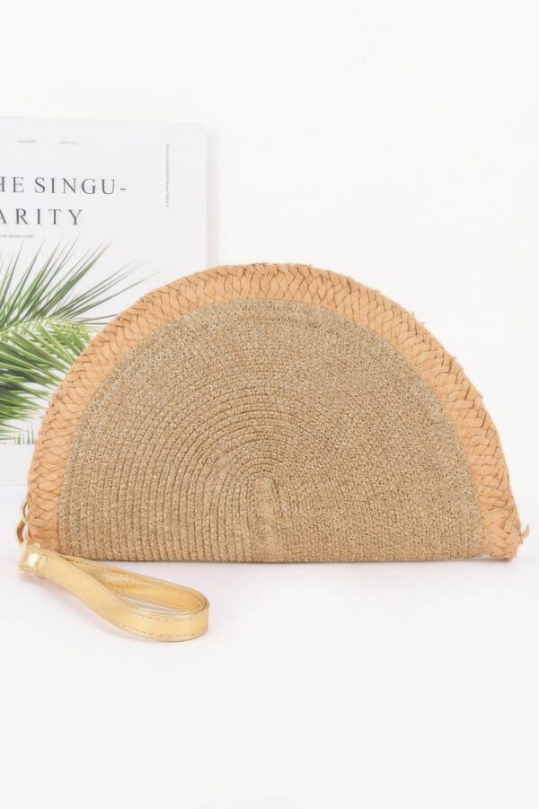 Metallic Faux Straw Clutch with Wrist Strap