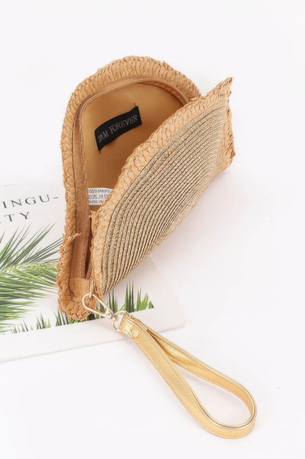 Metallic Faux Straw Clutch with Wrist Strap