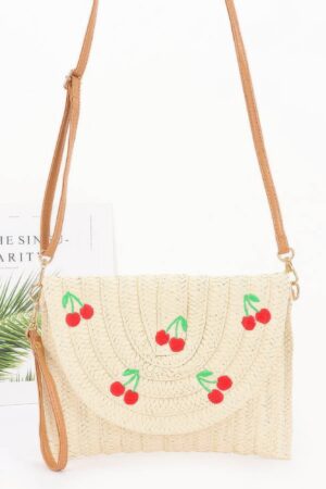 Faux Straw Cherry Clutch with Mixed Metal Accent